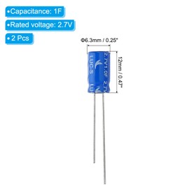 PATIKIL 2 Pcs 2.7V 1F Super Capacitor,0.25 x 0.25 x 0.47" Aluminum Super Capacitors, Winding Type Energy Storage for on Board Backup Energy Storage