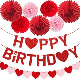 MATTTIME Valentine's Day Heart Birthday Banner Red Party Supplies Pink Sweet Garland Paper Fan Pom Poms Flower Photo Prop Decoration