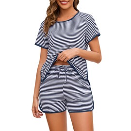 Namatime Cotton Pajama Sets for Women 2 Piece Lounge Set Stripe Pj Set Loungewear Short Sleeve Top and Shorts with Pockets Summer Sleepwear 2025 Navy Blue 4X-Large
