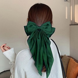 Xduargs Vintage Large Bow Hair Clips Long Tail Silk Bow Hair Clip Barrette Satin Ribbon Bow Knot Hair Barrettes Big Bow Hair Clips French Bowknot Clip Headpiece for Women(Green)