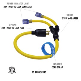 Clear Power 3 ft 10/4 STOW Y Adapter Extension Cord Adapter, Ideal for Generators, Inverts, Marine & RV, or Temporary Power Boxes, Yellow, CP10139