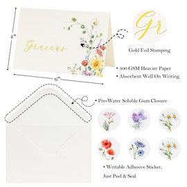 Crisky Gracias Cards Spanish Thank You Cards 4 Assortment, Printable Watercolor WildFlowers (50 Cards with Envelopes for Birthday, Baby Shower, Bridal Shower, Wedding, All Occasion)