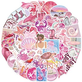 PKLVP 50 Pcs Aesthetic Stickers, Ocean Beach Pink Summer Waterproof Sticker for Water Bottles, Gifts
