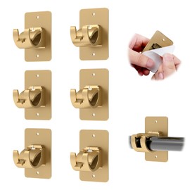 CIEMGNZOC 6PCS No Drill Curtain Rod Brackets, Self-Adhesive Curtain Rods No Drilling, Nail Free Adjustable Curtain Rod Holders, Curtain Hooks for Rod Less Than 1.57 Inch Diameter (Gold)
