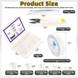 Swpeet 800 Pieces 5 Sizes 4 mm 6 mm 8 mm 10 mm 12 mm White Perforated Beads and Scissors Tweezers with 0.8 mm Elastic Bead Thread Assortment Kit, Craft Beads Loose Beads for Jewellery Making Crafts