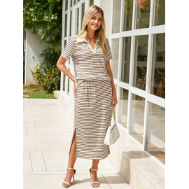 Glamaker Womens 2 Piece Skirt Sets Short Sleeve Polo Top and Midi Skirt Matching Sets Summer Travel Outfits (Coffee Beige M)