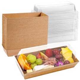 50 Pack 7.5x3.3 Inches Small Charcuterie Boxes with Clear Lids - To Go Paper Mini Treat Box, Charcuterie Boards Accessories, Dessert Boxes, Cookie, Cake Slice, Chocolate Strawberry, Donut (Brown)