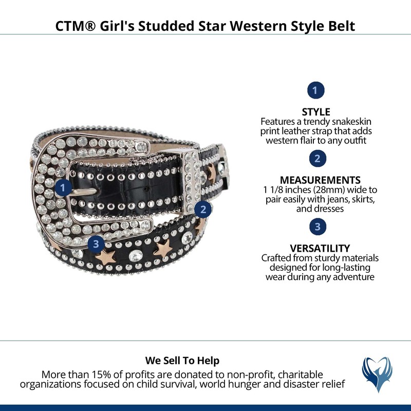 CTM Girl's Studded Star Western Style Belt, Small, Black