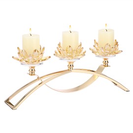 OwnMy 3 Arms Crystal Lotus Tealight Candle Holders Crystal Lotus Flower Pillar Candle Stands, Golden 3-Arms Crystal Lotus Candelabra Metal Crystal Lotus Votive Candlestick Holder for Table Centerpiece