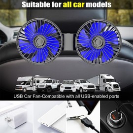 Qidoe Car Fan, USB Car Seat Fans 3 Speeds Strong Wind for Vehicle Headrest and Rear Seat 5V Powerful Quiet Ventilation with Adjustable Clip Electric Auto Fans for Vehicles RV SUV Truck (Blue)