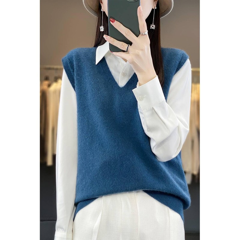 Ailaile Women's V-Neck Knit Sweater Vest 100% Merino Wool Lightweight