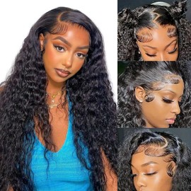 Flynet 13x6 Deep Wave Lace Front Wigs Human Hair 200% Density Deep Curly Frontal Glueless HD Lace Wigs Human Hair Pre Plucked with Baby Hair for Women（22inch,Natural Black