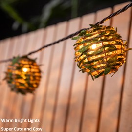 Decorative Lantern String Lights, Outdoor Plug in Hanging Lights with 10 Natural Hemp Rope Leaf Balls, Connectable Weatherproof Patio Globe Boho String Lights for Home Pergola Porch Party Backyard