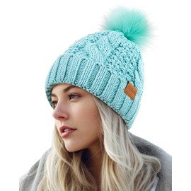 PIOZAED Women's Winter Pompom Beanie Warm and Cozy Knit Hat Fleece Lining Skull Cap for Women Light Green