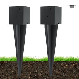2 Pcs 4 "x 4 "Fence Post Anchors Ground Spike (Actual 3.6 ” X 3.6”)，Heavy Duty Metal Fence Stakes Post Base 16'' with Black Powder Coated Support for Mailboxes, Fences, Trellis Posts, Banners.