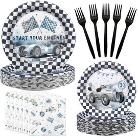 Race Car Birthday Party Decorations - Race Car Birthday Party Favors - Racing Car Party Supplies - Race Car Theme Birthday Party Tableware Set with Plates, Napkins, and Forks