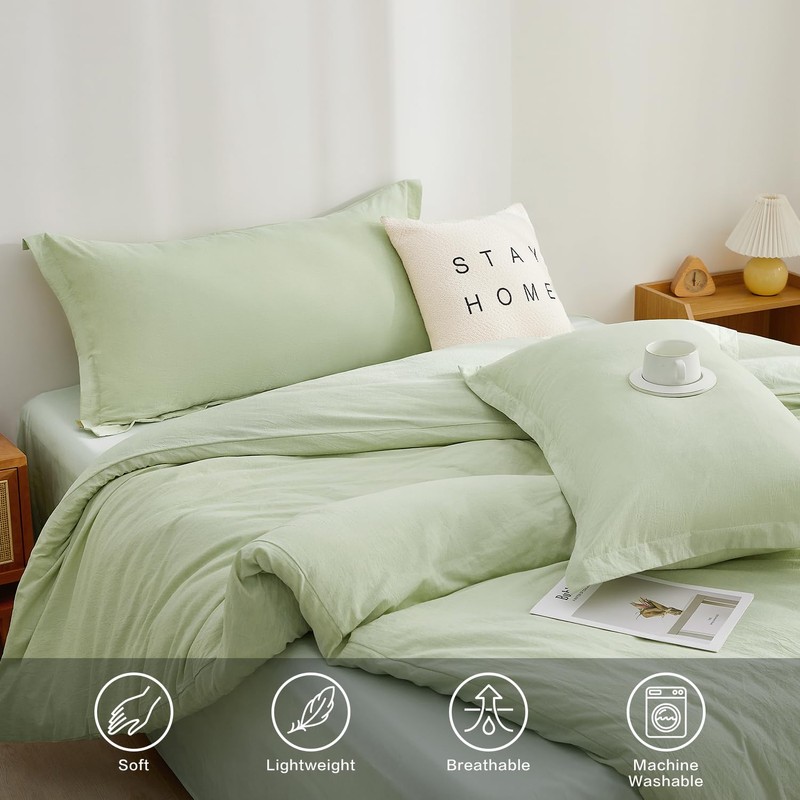SAPHREAS Twin Size Sage Green Duvet Cover 100% Washed Cotton