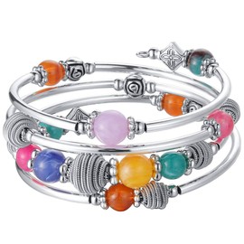 PEARL&CLUB Beaded Chakra Bangle Turquoise Bracelet - Fashion Jewelry Wrap Bracelet with Thick Silver Metal and Mala Beads, Birthday Gifts For Women(Colorful)
