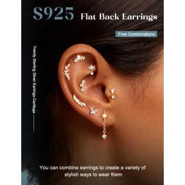 LOLIAS Hypoallergenic Cartilage Earrings for Women Flat Back-925 Sterling Silver Post Stud Flatback Earrings for Sensitive Ears-20G Ear Crawler Climber Cartilage Earring Tragus Conch Helix Piercing Jewelry 14K Gold Plated Olive Leaf