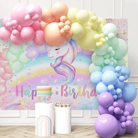 Mocsicka Unicorn Birthday Backdrop Pastel Rainbow Happy Birthday Party Decorations for Girls Balloons Glitter Gold Dots Stars Photography Background (Pink, 7x5ft(82''x60''))