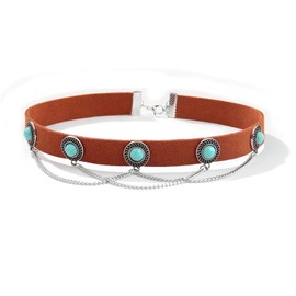 Oidea Bohemia Turquoise Leather Choker for Women, Brown Boho Choker, Adjustable Suede Necklace, Native American Necklace Jewelry with Gift Bag, Length 15.55"+2.36"