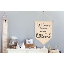 Baby Arrival Gift-Welcome to Our Planet Hello World- Canvas Hanging Pennant Flag Banner Wall Sign Decor Gift for Nursery Baby Kids Girl Boy Teen Bedroom Playroom Front Door- Birthday Christmas Gift