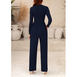PRETTYGARDEN Women's Jumpsuit Dressy Casual Fall Fashion One Piece Outfits Long Sleeve Mock Neck Wide Leg Pants Rompers (Navy,Large)