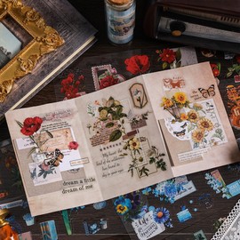HACRAHO Floral PET Stickers, 36 Sheets Vintage Flowers Plants Stickers PET Paper Flowers and Plants Scrapbook Stickers for Scrapbook