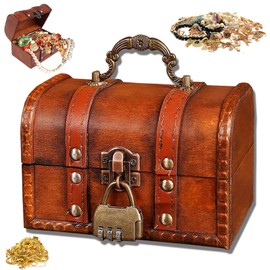 qhklew Vintage Wooden Treasure Chest Small Treasure Chest with Combination Lock, Retro Small Wooden Boxes, Children's Storage Jewellery Box, Mini Wooden Chest for Storage and Decoration (Brown)