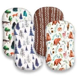 REZIPO 4 Pack Bassinet Sheets Woodland Forest Animals Wood Tree Neutral Unisex Fitted Baby Bassinet Sheets Set for Baby Boys or Girls