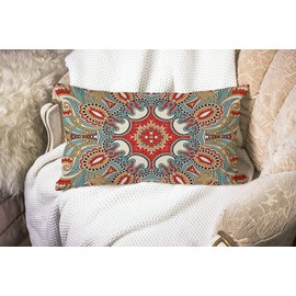 Paisley Flower Throw Pillow Cover Traditional Ethnic Floral Red Teal White Waist Lumbar Cotton Linen Home Living Room Decorative Throw Pillow Cases Cushion Cover 12x20 Inch Rectangle Waist Pillowcase