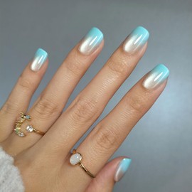 Blue Gradient Soft Gel Press on Nails Cats Eye Short Square Shaped False Nails Glitter Designs Full Cover Luxurious Thickened Stick on Nails Sparkly Acrylic Nails for Women Nails Manicure