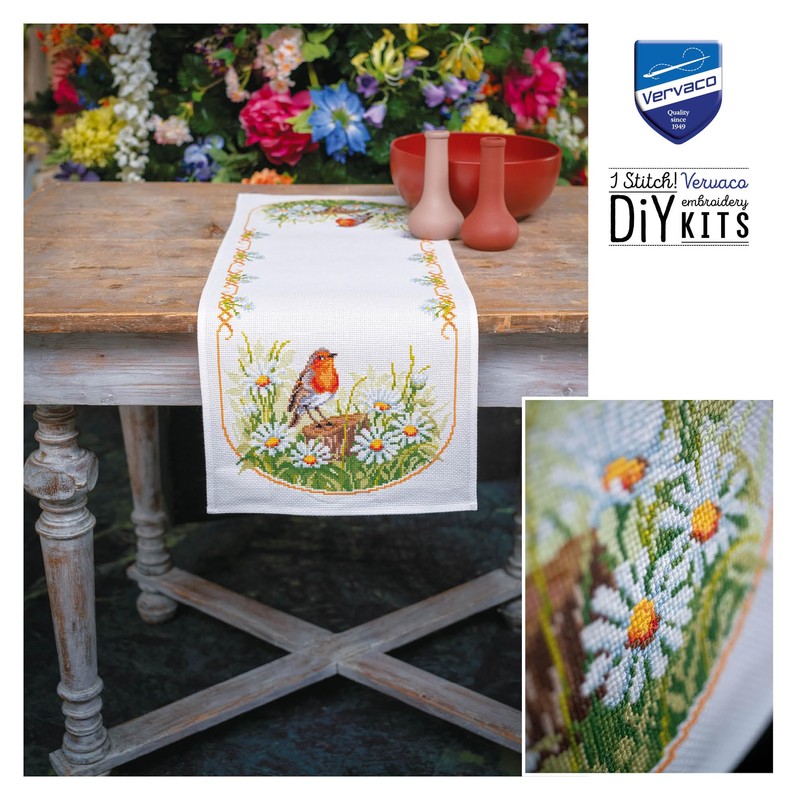 Vervaco Daisy and Robin Counted Cross Stitch Table Runner Set,