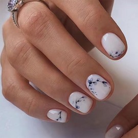 IMSOHOT Press on Nails Short Square Fake Nails White Glossy Acrylic Glue on Nails Full Cover Stick on False Nails with Ink Flower Designs 24Pcs DIY Nail Art