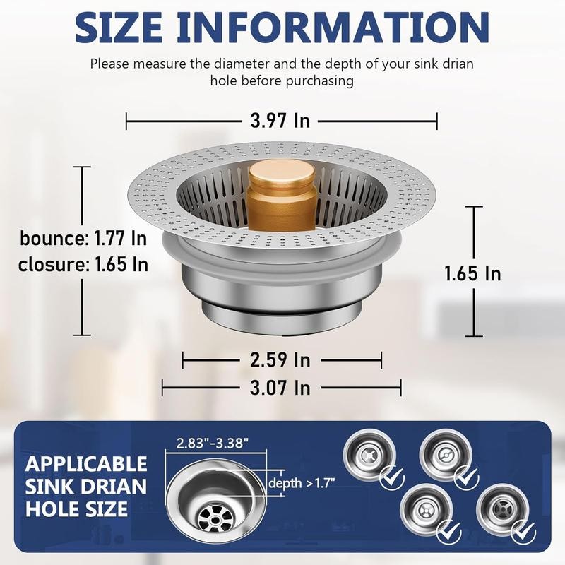 Fecoor Upgraded 3-in-1 Kitchen Sink Drain Strainer, Stainless Steel Sink