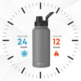 Navigate 32 oz Stainless Steel Insulated Water Bottle,Double Walled Leak Proof Keep Cold for 24 Hrs Hot for 12 Hrs,Wide Mouth Water Jug with Spout & Handle Lids,Grey