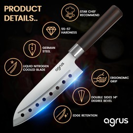 AGRUS Santoku Knife - Santoku Chef Knife with Plastic Grip - 7 Inch Japanese Santoku Knife - Versatile Knife for Chopping, Slicing, Mincing - Steel Blade with Holes - Cuts Meat, Fish, Vegetables