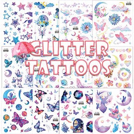 Qpout 12 Sheets Glitter Tattoos for Kids Girls Butterfly Temporary Tattoos Butterfly Party Gift Body Art Makeup Sticker for Kids Woman Princess Birthday Fairy Party Favors Gifts Bags Filler