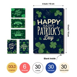 Omosri 30 Pack St. Patrick's Day Cards Bulk for Employee Appreciation Inspiration Cards with Envelopes & Stickers Suitable for Client Family Students 6 Designs