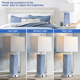 Touch Control Table Lamps with White Fabric Shade Set of 2, 3-Way Dimmable Modern Ceramic Blue Nightstand Bedside Lamp with 2 USB Ports 1 AC Outlet for Living Room, Bedroom (LED Bulbs Included)