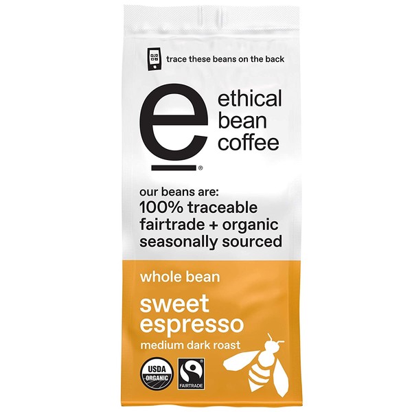 ETHICAL BEAN Fairtrade Organic Coffee, Sweet Espresso Medium Dark Roast, Whole Bean Coffee - 100% Arabica Coffee (12 oz Bag)