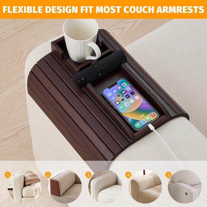 GEHE Bamboo Couch Cup Holder, Anti-Spill Sofa Arm Tray, Natural