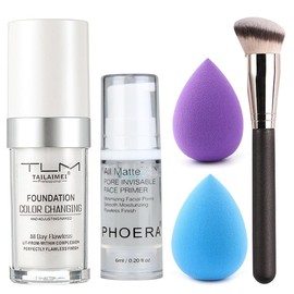 5PCS Color Change Foundation Set for Mature Skin, Full Coverage Makeup Set with Face Primer Brush Makeup Sponge, Long Lasting Waterproof Universal Shade for All Skin Types (Colour Change Foundation)