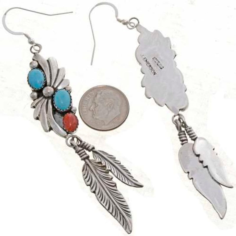 Navajo Turquoise Coral Drop Earrings Sterling Feathers French Hook Dangles