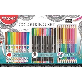 Maped 33 Piece Colouring Set (Includes Brush Felt Tips, Fineliner Pens, Coloured Pencils and Metal Sharpener)