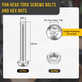 DTGN M6x35mm Pan Head Torx Security Screws - 40Pack - Good for Machinery - 304 Stainless Steel Tamper Proof Torx Security Fasteners & Hex Nuts - Silver Tone