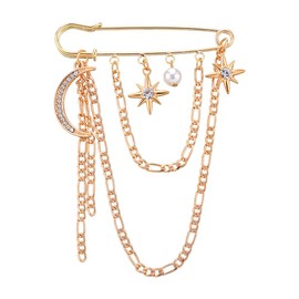 Gold Vintage Brooch Pins for Women Girls Fashion Rhinestone Moon Star Safety Pin Brooch with Chain Pearl Charms Layered Long Tassel Chain Brooch Elegant Decorative Clothes Pins for Suits Sweaters Hat