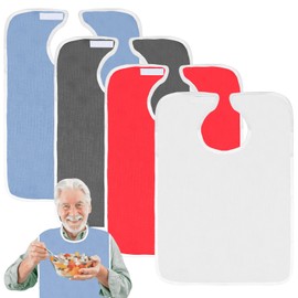 VEGOATY Pack of 4 Colour Bibs for Adults, 75 x 45 cm, Terry Towelling Bib, Reusable, Waterproof, Washable Bib for Adults, Crumb Catcher, Unisex Clothing Protection for Mother Dad, Blue/Red/White/Grey