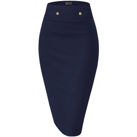 Hybrid & Company Womens Pencil Skirt Premium Nylon Ponte Stretch Office Made in The USA Below Knee Navy