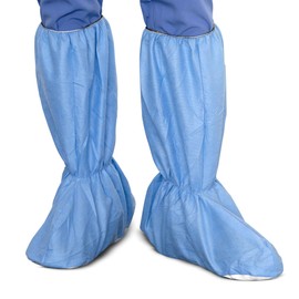 Quest Traction Disposable Boot and Shoe Covers - 18" Tall Non-Slip Protectors - Water and Skid Resistant Boot Protector - Hazmat Shoe Covers - Blue, Medium, Pack of 50 Pairs